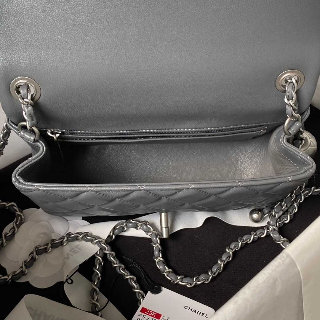 Ch*el mini flap bag shiny calfskin & silver-tone metal gray 4.7 × 7.8 × 2.3 in