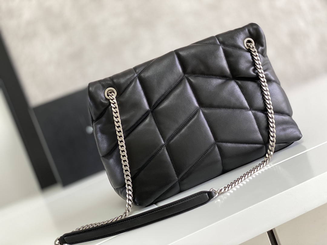 Y*L loulou puffer medium in nappa leather black silver 13.7 x 9 x 5.3 inches