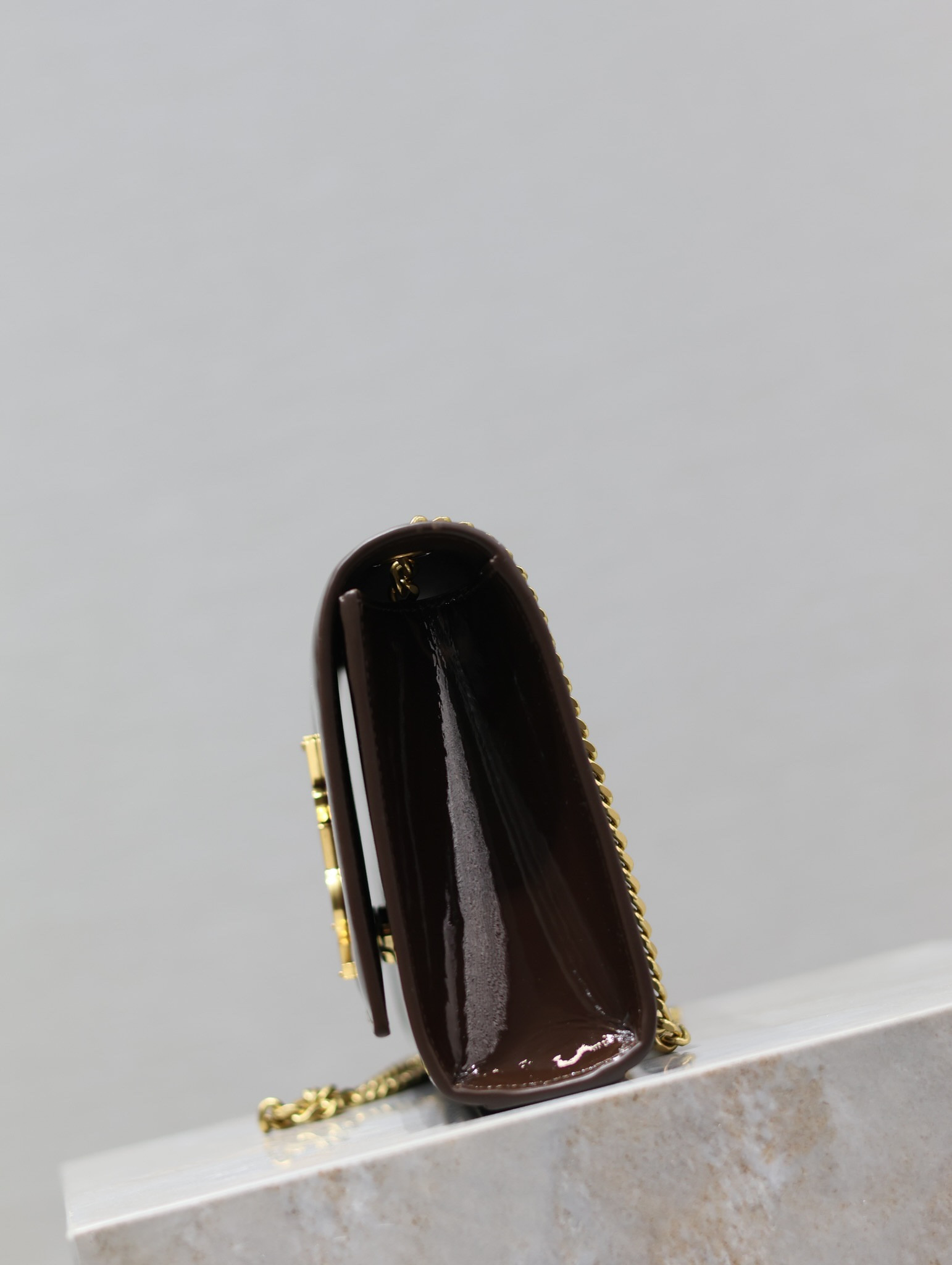 Y*L kate medium in shiny leather brown 9.4 x 5.7 x 2.1 inches